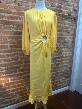 Farm Rio Yellow Long-Sleeve Cutout Midi Dress